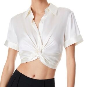 Alice + Olivia Phebe Cream Twist-Front Crop Top